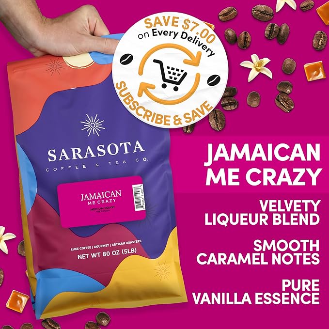 Sarasota Coffee Whole Bean Jamaican Me Crazy | Medium Roast Gourmet Flavored Coffee Beans | Low Acid Mold Free Specialty Grade Bulk Beans | 5lb (80 oz)