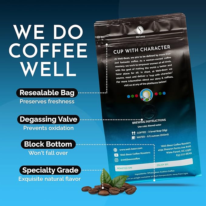 Well-Bean Coffee - Slay the Day Ground Coffee Dark Brazilian Coffee Vegan Coffee Grounds Gluten-Free and Keto Friendly Dark Roasted Coffee 2 lb Coffee
