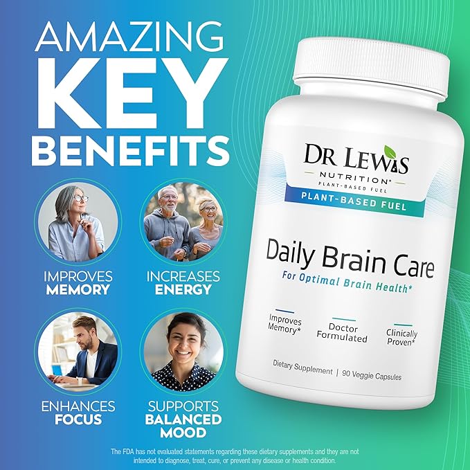 Dr Lewis Daily Brain Care Capsules - Brain Supplements for Memory and Focus with Aloe Vera - Plant-Based Nootropic and Energy Supplement for Brain Fog Mental Clarity and Immune Support - 90 Capsules