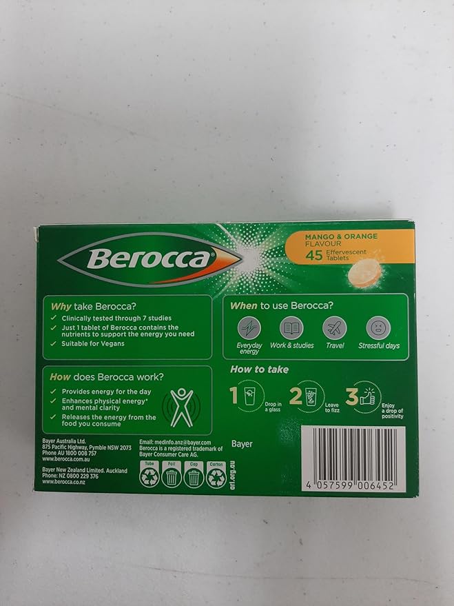 Berocca Energy Vitamin B &amp C Mango &amp Orange Flavour Effervescent Tablets 45 Count