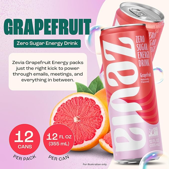 Zevia Zero Sugar Energy Drink Grapefruit 12 oz Cans (12-Pack) – Naturally Sweetened Non-GMO Project Verified Gluten-Free Vegan