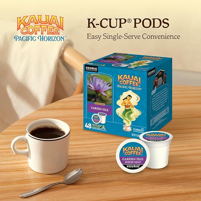 Kauai Coffee K-Cup Pods for Keurig Brewers – Arabica Coffee 10% Hawaiian – Medium Roast Bright Aroma With Light Floral Notes – Garden Isle 1 Pack of 48 Single Serve K-Cups