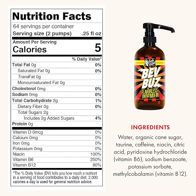 BEV BUZ™ Energy Drink Mix-In – Flavorless Liquid Caffeine Additive for Coffee Tea Smoothies Sodas Juices | Fast-Acting Energy Boost | Mixes Into Any Drink | Barista &amp Café Favorite | 64 Servin