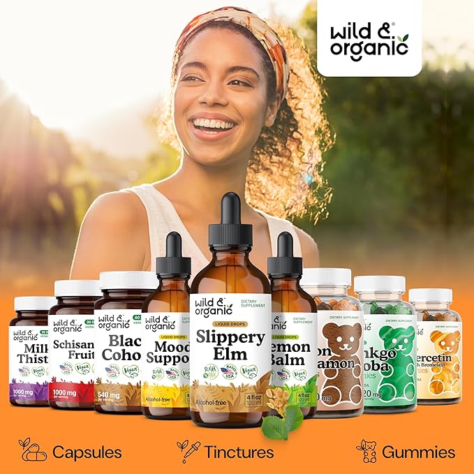 Wild &amp Organic Slippery Elm Liquid Drops - Lung Digestive &amp Women's Support - Slippery Elm Bark Supplement - Add to Tea Tincture - Ulmus Rubra Herb - Vegan Sugar &amp Alcohol-Free - 4 fl oz