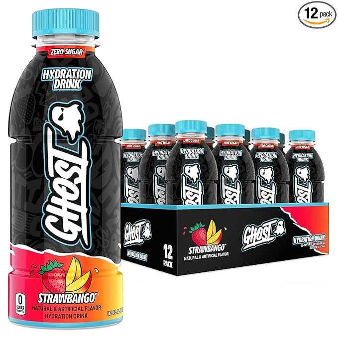 GHOST Hydration Drink Strawbango - RTD Sports Drink with Electrolytes Natural Vitamins &amp Minerals - All Day Lifestyle Hydration Beverage - Zero Caffeine &amp Zero Sugars - 16.9 Fl Oz 12 Pack