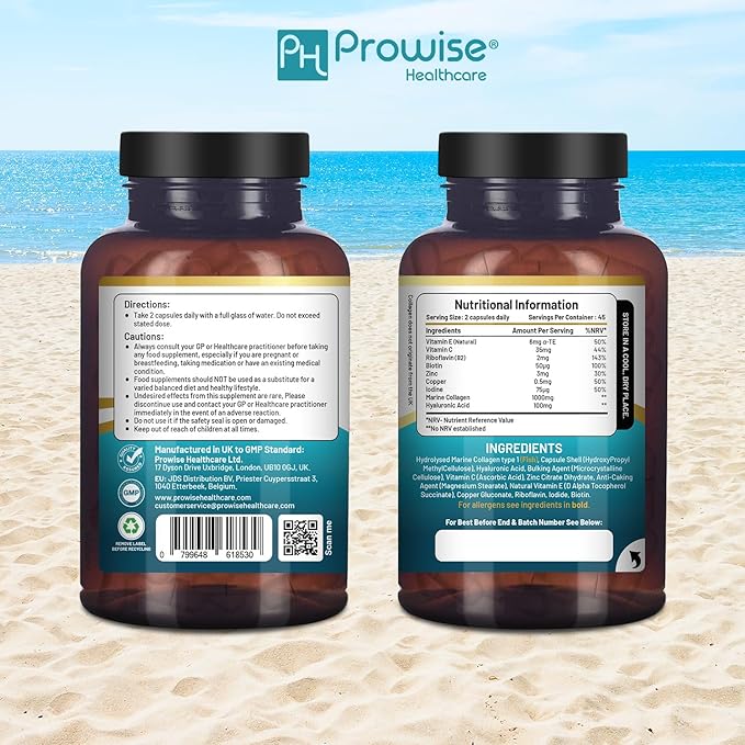 Marine Collagen with Hyaluronic Acid 1100mg - 90 Capsules Boosted with Hyaluronic Acid Vitamins C E B2 Biotin Copper Zinc and Iodine | for Women and Men | Made in The UK by Prowise Healthcare