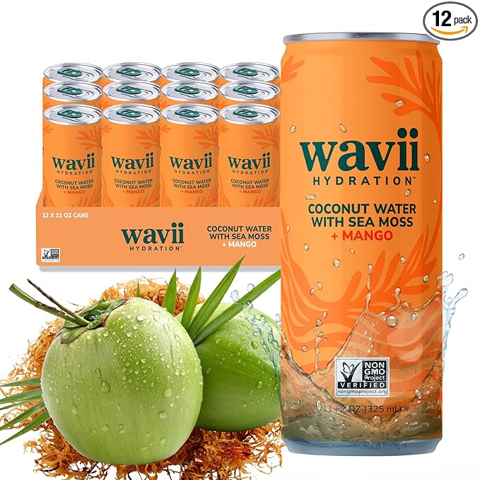 Wavii Hydration Organic Coconut Water with Organic Sea Moss plus Mango 11 fl oz Cans Pack of 12 – Clean Refreshing Hydration with Naturally Occurring Electrolytes No Added Sugar Non-GMO
