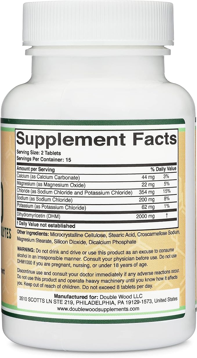 DHM1000 Dihydromyricetin (DHM) Tablets - Most Powerful DHM Supplement on The Market - 1000mg (30 Count) Enhanced with Electrolytes for Hydration and Liver Support by Double Wood