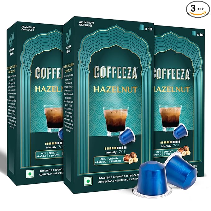 Coffeeza Espresso Coffee Pods Hazelnut Compatible with Nespresso Original Line Espresso Machines Medium Roast Intensity – 7 Arabica Aluminium Coffee Capsules 3 Pack - 30 Single Serve Pods