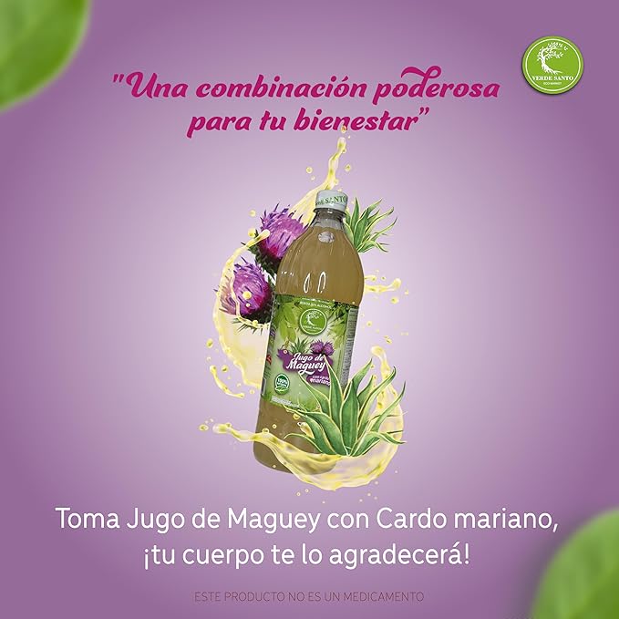 Jugo de Maguey with Milk Thistle 100% Natural Verde Santo | 1 Liter Bottle | Functional Drink | No Sugar | No Alcohol | Mexican Product