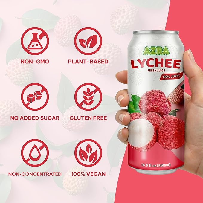 AZRA 100% Lychee Juice – Exotic Fruit Juice in 500ml Cans – Zero Sugar Juice Healthy Beverages Variety Pack for Kids and Adults – Bulk 100% Juice Pack 12 Count
