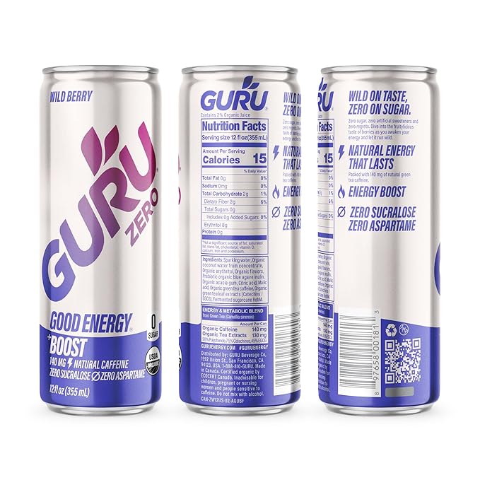 GURU ZERO SUGAR Wild Berry Organic Energy Drink with Plant Based Natural Caffeine from Green Tea Coconut Water Prebiotic Zero Added Sugars Gluten Free &amp Vegan Pre Workout 140MG Caffeine 12