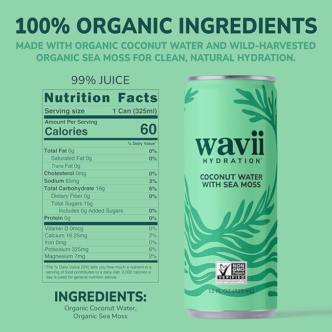 Wavii Hydration Organic Coconut Water with Organic Sea Moss 11 fl oz Cans Pack of 12 – Clean Refreshing Hydration with Naturally Occurring Electrolytes No Added Sugar Non-GMO