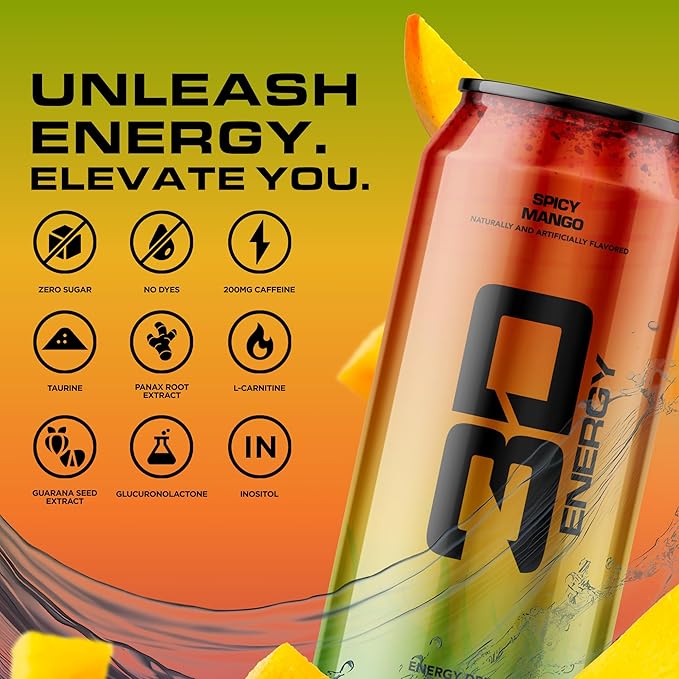 3D Sugar-Free Energy Drinks Spicy Mango - Clean Energy Drink with 200mg Caffeine Taurine &amp L-Carnitine - Pre Workout Fitness Drink for Gym Exercise &amp Everyday Performance