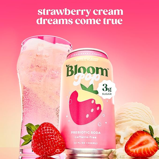 Bloom Pop Prebiotic Soda 12 Pack Strawberry Cream Flavor 12oz Cans | Prebiotic Soda for Gut Health Low Calorie Soda No Caffeine Healthy Soft Drink Alternative