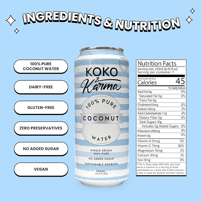 Koko &amp Karma Pure Coconut Water - No added Sugar 12 pack case 8.45oz cans