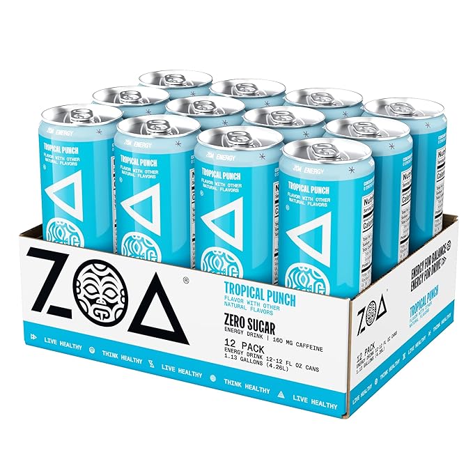 ZOA Zero Sugar Energy Drinks Tropical Taste Pack - Sugar Free with Electrolytes Healthy Vitamin C Amino Acids Essential B-Vitamins and Caffeine from Green Tea - 12 Fl Oz (Pack Of 36)