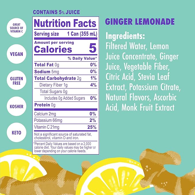 Swoon Ginger Lemonade - Sugar Free Lemonade Low Carb Keto &amp Paleo-Friendly Gluten-Free - Zero Sugar Drinks Made with 100% Lemon Juice Concentrate &amp Sweetened by Monk Fruit 12 Fl oz (Pack o