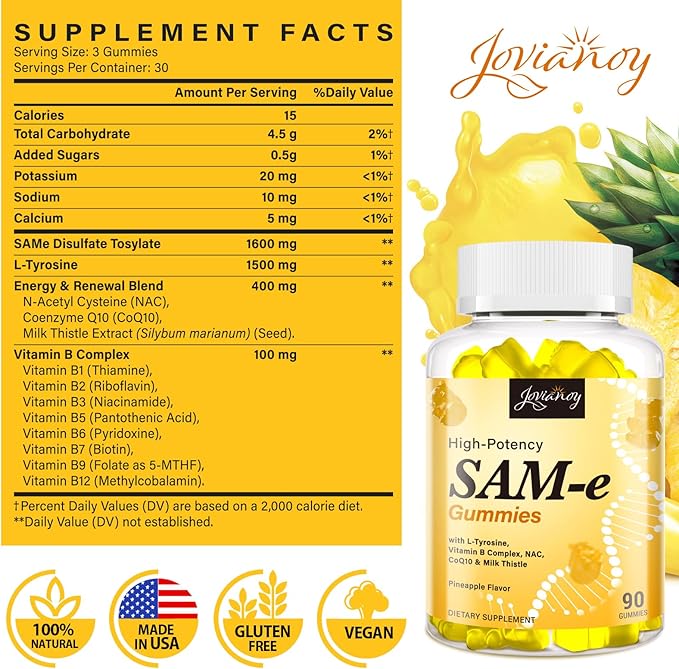 SAM-e Gummies with L-Tyrosine Vitamin B Complex &amp NAC CoQ10 High-Potency SAM-e Supplement - Pineapple Flavor for Mood Joint Cognitive &amp Liver Detox Vegan Friendly 180 Gummies