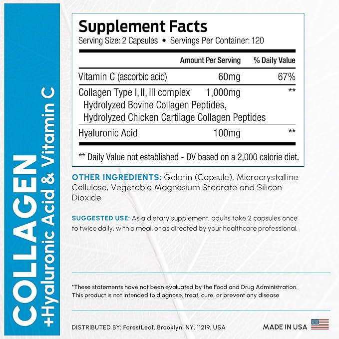 ForestLeaf Multi Collagen Pills - Collagen Men &amp Collagen Women - Hydrolyzed Collagen Supplements with Vitamin C &amp Hyaluronic Acid - Collagen Capsules for Hair Skin &amp Nails (240 Peptide C