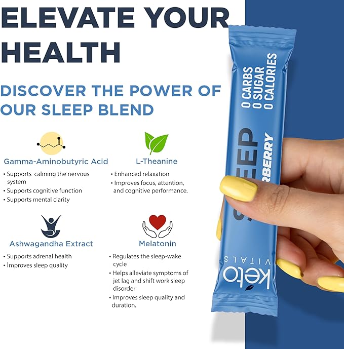 Keto Vitals Sleep Drink Electrolyte Sleep Powder Packets - Fast-Acting Sleep Blend of Melatonin 3mg GABA L-Theanine &amp Ashwagandha - Elderberry 30 Count