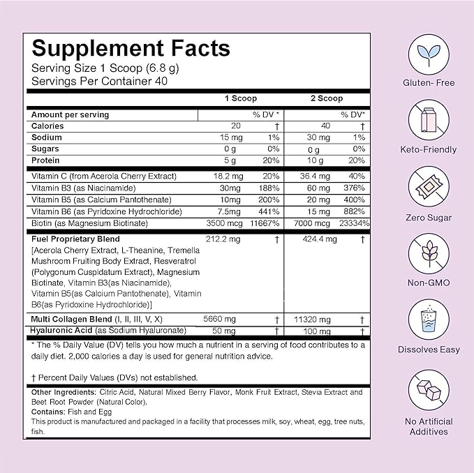 Fuel Multi Collagen Peptides Powder – 11g Hydrolyzed Collagen Types I II III V &amp X – Hair Skin Nails &amp Joint Support – Keto &amp Gluten Free – Mixed Berry – 40 Servings (9.59oz)