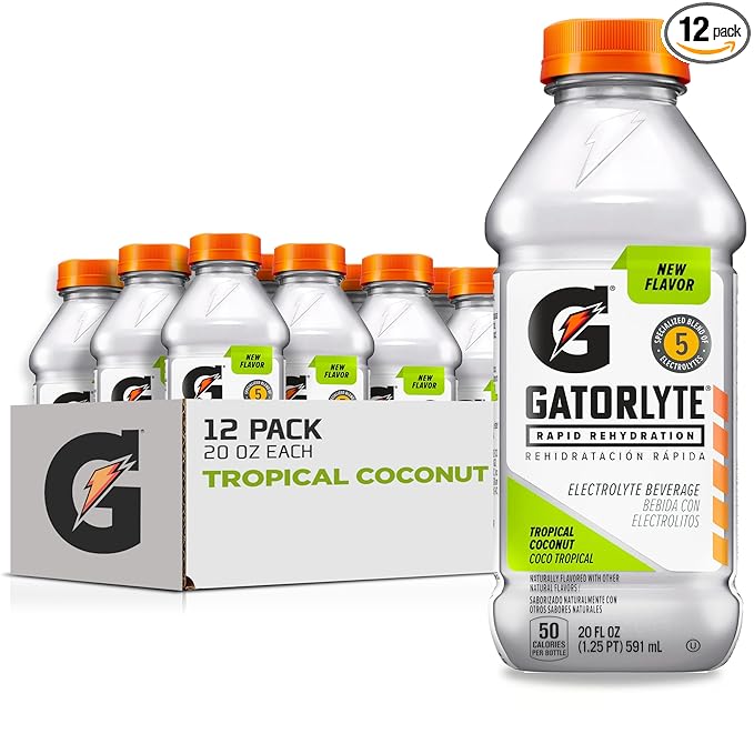 Gatorlyte Rapid Rehydration Electrolyte Drink Tropical Coconut Specialized Blend of 5 Electrolytes Lower Sugar No Artificial Sweeteners No Artificial Flavors 20 fl oz Bottles (Pack of 12)