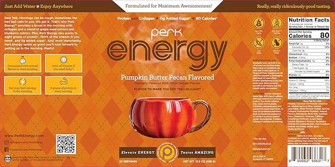 Perk Energy Drink Mix (Pumpkin Butter Pecan) 20 Servings - Caffeinated Healthy Coffee Alternative with Protein 100mg of Caffeine Gluten-Free Soy-Free Peanut-Free
