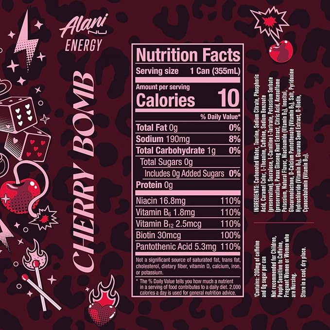 Alani Cherry Bomb Sugar Free Low Calorie Energy Drinks 12 Fl Oz Cans 4 Cans!