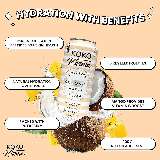 Koko &amp Karma – Pure Coconut Water with Marine Collagen Peptides &amp Mango Refreshing Taste with No Added Sugar or Preservatives – 12 Pack – 16.9 Ounce Cans