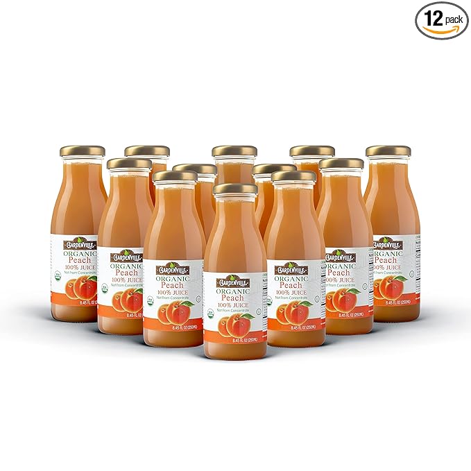 Gardenville Organic Peach Juice (Pack of 12) USDA Organic No Added Sugar U Kosher Certified Pasteurized 8.4 oz Glass Bottles (Peach)