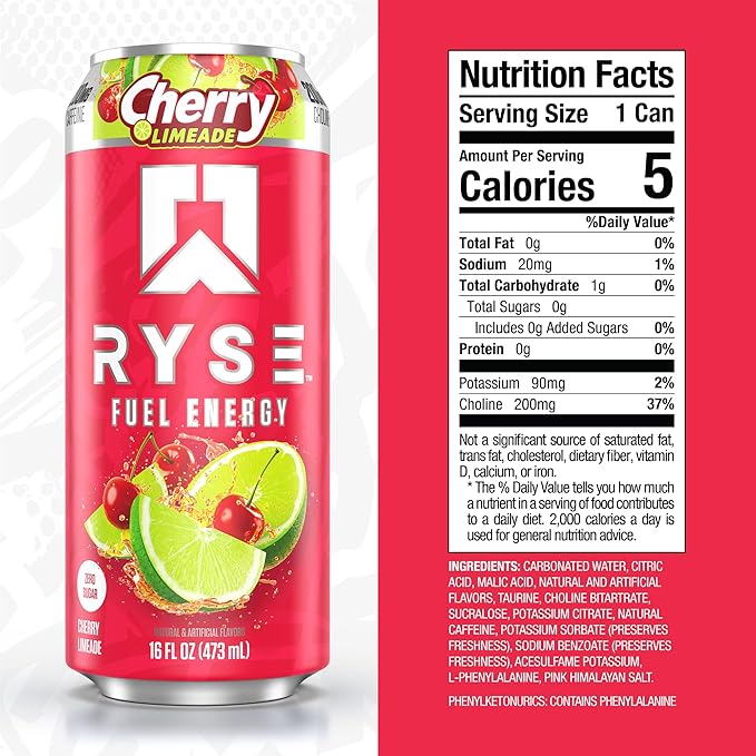 RYSE Fuel Energy Drink - Cherry Limeade - Sugar Free Gluten Free &amp Vegan - 200mg Natural Caffeine Taurine &amp Choline for Focus &amp Energy - No Artificial Colors - 16 fl oz Cans (12-Pack)