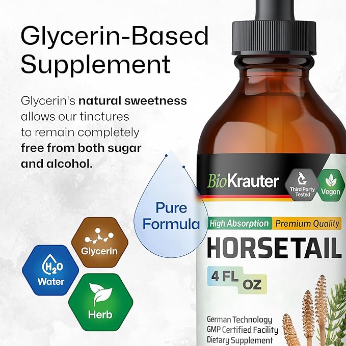 BIO KRAUTER® Horsetail Supplement for Hair Skin &amp Nails - Vegan &amp Pure Horsetail Herb Liquid Drops 660 mg per Serving 4 Fl.Oz. - Silica Hair Supplement - Alcohol &amp Sugar Free - 56 Days of