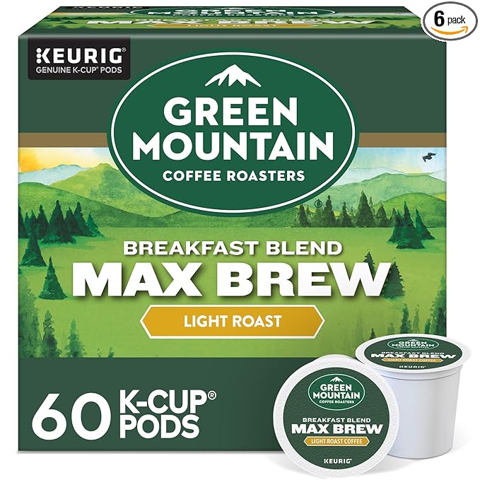 Green Mountain Coffee Roasters Breakfast Blend Max Brew Single Serve Keurig K-Cup Pods Light Roast Coffee 60-Count Box (6 Packs of 10)