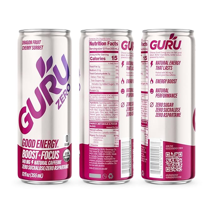 GURU ZERO SUGAR Dragon Fruit Cherry Sorbet Organic Energy Drink with Plant Based Natural Caffeine from Green Tea Coconut Water Prebiotic Zero Added Sugars Gluten Free &amp Vegan Pre Workout 140