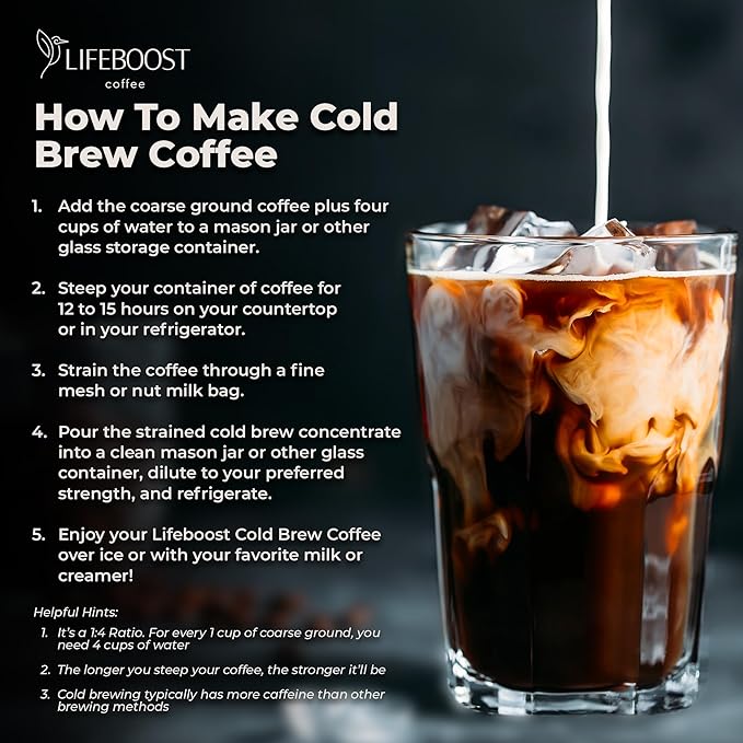 Lifeboost Dark Cold Brew Coffee - Single Origin Non-GMO USDA Organic Low Acid Coarse Ground Coffee for Cold Brew - 3rd Party Tested For Mycotoxins &amp Pesticides - 12 Ounces