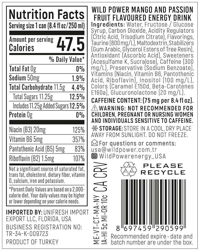 Wild Power Mango Energy Drink with a Hint of Passion Fruit 8.4 fl oz (250 mL) Slim Cans 24 Pack