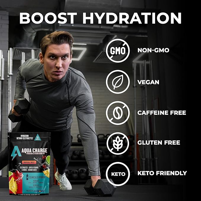 Grab The Gold Aqua Charge Electrolytes Drink Mix | Naturally Flavored Sugar-Free Hydration Drinks with B Vitamins | Vegan Gluten-Free Non-GMO | Tropical Twist - 16 Packs Made in USA