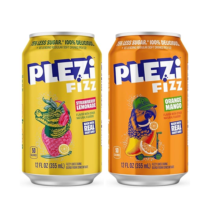 PLEZi FiZZ Stawberry Lemonade &amp Orange Mango Sparkling Juice Bundle – No Added Sugar Low Sugar Soda Alternative with Real Fruit Juice &amp Fiber – 12 Fl Oz (24 Cans Total)