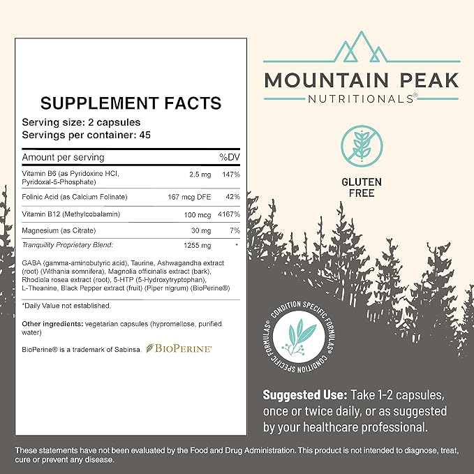 Mountain Peak Nutritionals Tranquility Formula - Supports Brain Health Sleep &amp Stress Management - Vitamin B6 Vitamin B12 and Adaptogens - Hypoallergenic Dietary Supplement (90 Vegetarian Capsul