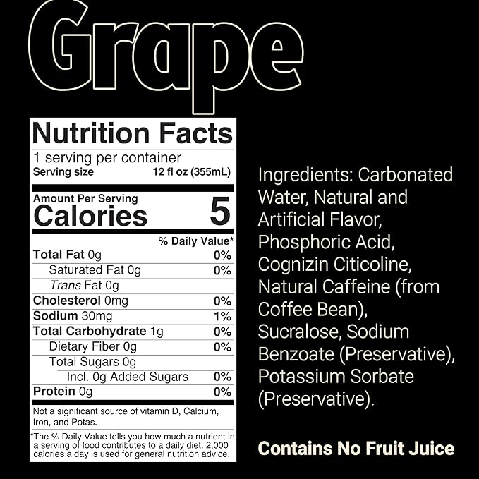BUM Sugar-Free Energy Drink Grape - Lightly Carbonated &amp No Artificial Colors Natural Caffeine &amp Citicoline for Energy &amp Focus Brain Boost &amp Workout Sports Beverage - 12 oz Pack of