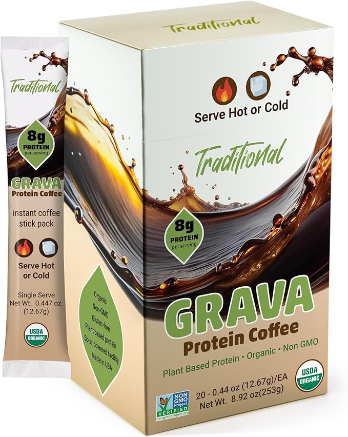 Grava Organic Plant Protein Coffee Sticks Traditional Unsweetened - 8g Plant Protein 80mg Caffeine - USDA Organic Non-GMO &amp Fair Trade - Gluten Free &amp Vegan - Single Serve Packet 20 Serving