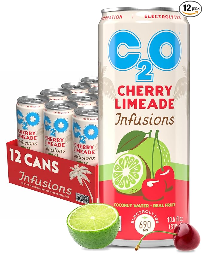 C2O - Coconut Water Infusions - Cherry Limeade (12 Pack) - 700mg of Electrolytes - Made with Fresh Coconut Water + Real Fruit Juice - Plant Based Natural Hydration Non GMO - 12 Slim Cans 10.5 fl oz