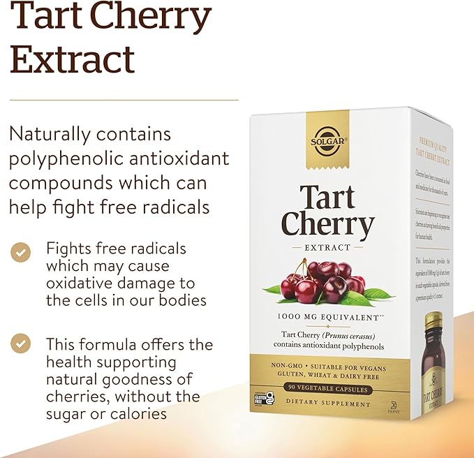 Solgar Tart Cherry 1000 mg 90 Vegetable Capsules - Antioxidant with Quercetin Chlorogenic Acid &amp Anthocyanins Compounds - Non-GMO Vegan Gluten Free Dairy Free - 90 Servings