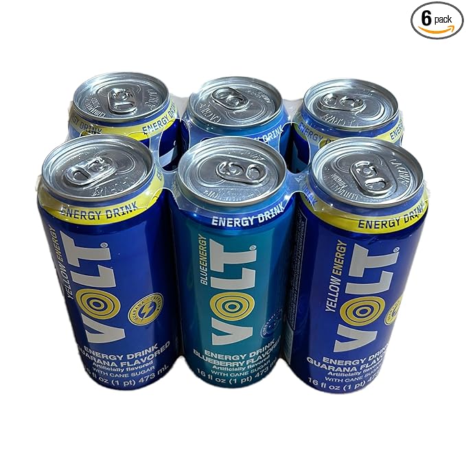 VOLT Energy Drink Mixed Pack – 16 fl. oz. (6-Pack) – 4 Cans of Guarana Yellow &amp 2 Cans of Blueberry Blue
