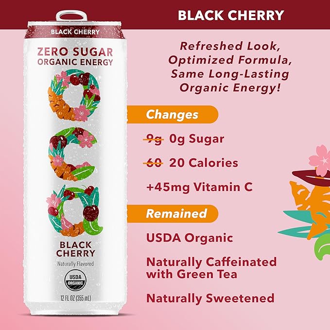 OCA ZERO Black Cherry Organic energy drink zero sugar gluten-free vegan plant-based 12 Fl Oz (12-pack)