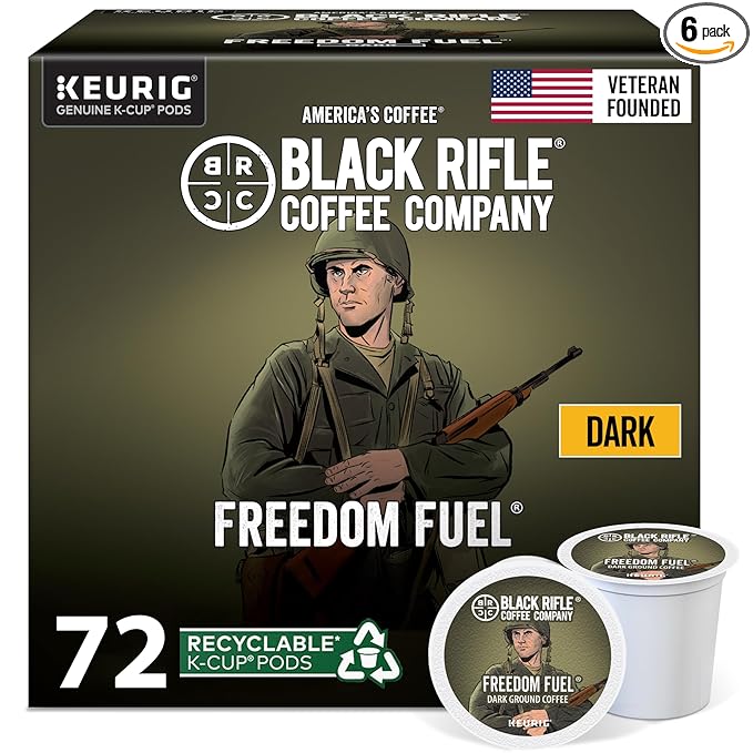 Black Rifle Coffee Company Dark Roast K-Cups – Single-Serve Coffee Pods Compatible with 1.0 &amp 2.0 Brewers – 100% Arabica (Freedom Fuel 6-Pack - 72 Count)