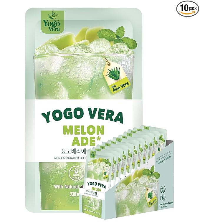 Yogo Vera Melon Ade Korean Drink Pouches – Authentic Korean Convenience Store Beverage with Sweet Melon Flavor Refreshing Juice Pouch (10 Pack)