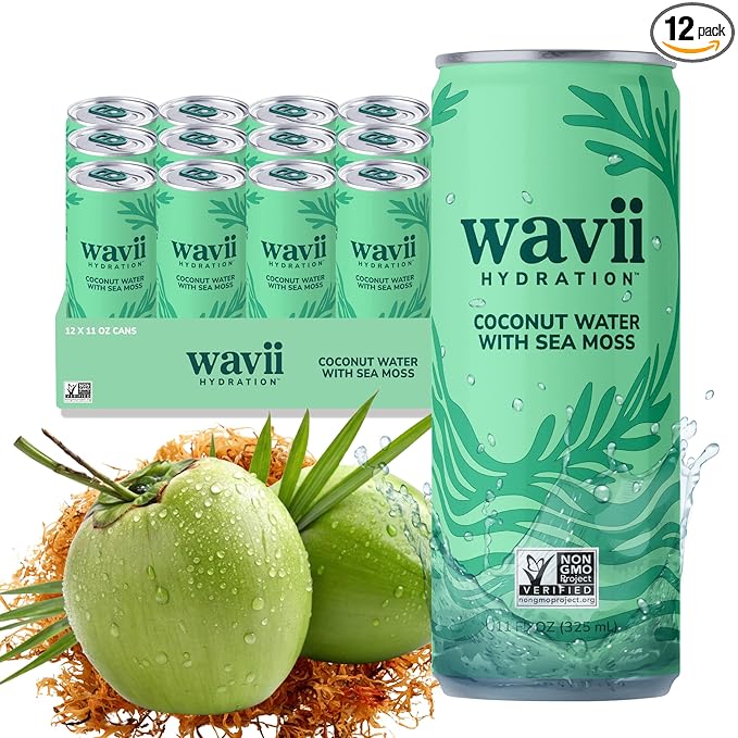 Wavii Hydration Organic Coconut Water with Organic Sea Moss 11 fl oz Cans Pack of 12 – Clean Refreshing Hydration with Naturally Occurring Electrolytes No Added Sugar Non-GMO