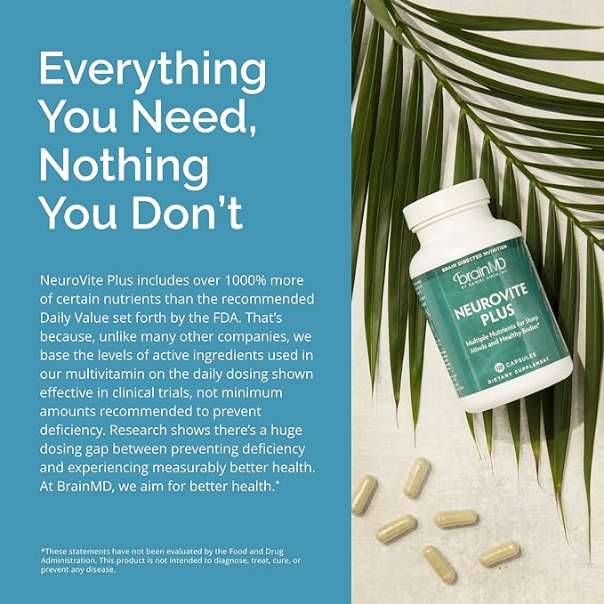 BRAINMD Dr Amen NeuroVite Plus - 120 Capsules - Multivitamin &amp Mineral Supplement Enhanced with Phytonutrients Enzymes &amp Whole Foods - Gluten Free - 30 Servings
